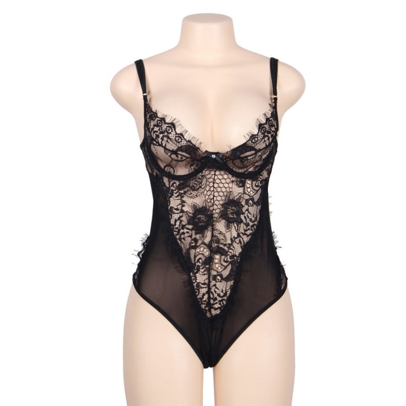 SUBBLIME - TEDDY ENCAJE FLORAL Y CON FLECOS NEGRO TALLA GRANDE