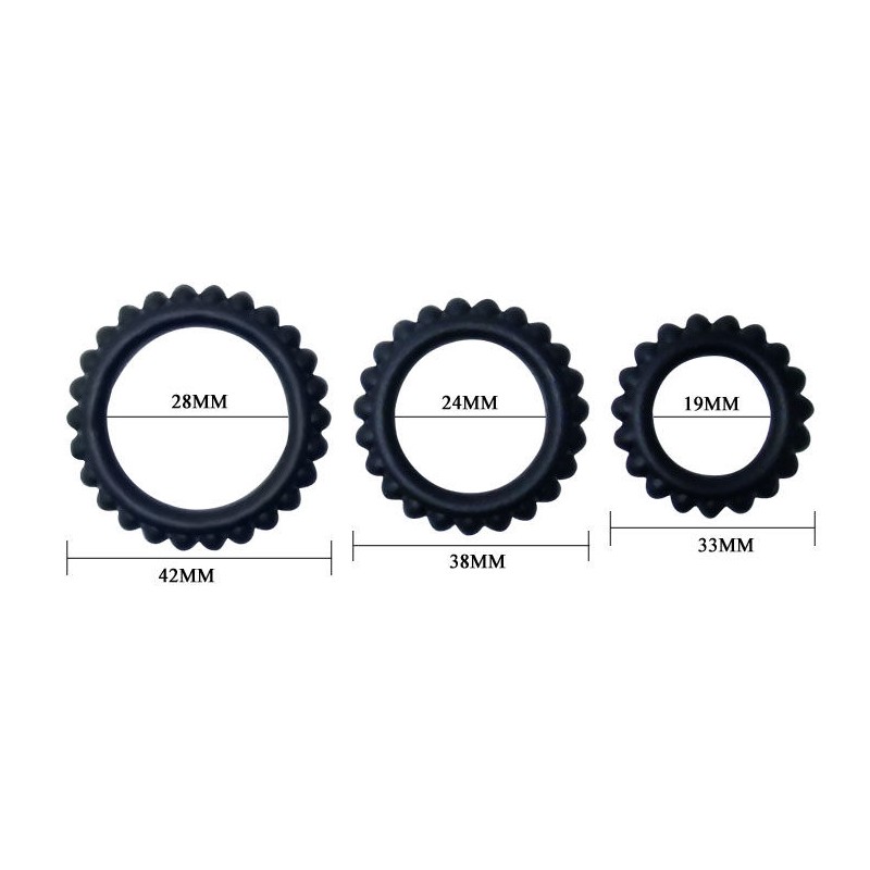 BAILE  TITAN SET 3PCS COCK RING BLACK 2.8 + 2.4 + 1.9 CM