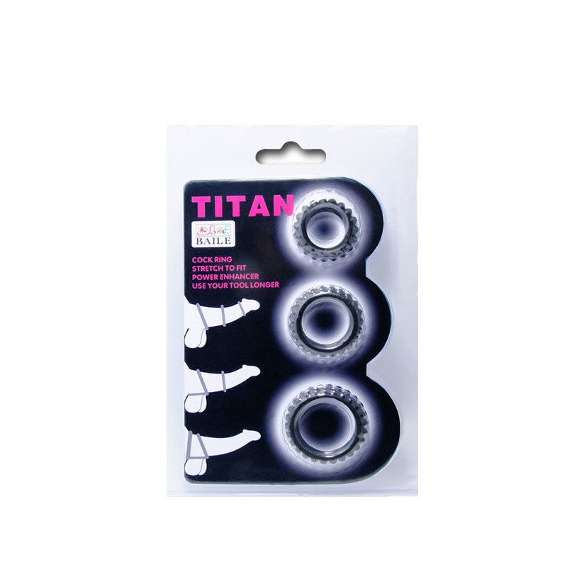 BAILE  TITAN SET 3PCS COCK RING BLACK 2.8 + 2.4 + 1.9 CM