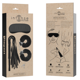 INTENSE FETISH - SET ERÓTICO 1 CON ESPOSAS, ANTIFAZ Y LÁTIGO DE CUERO VEGANO