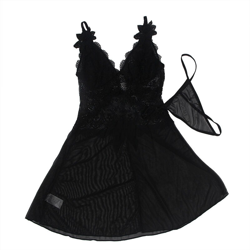 SUBBLIME - BABYDOLL TELA DE TUL DETALLE ENCAJE Y FLOR NEGRO L/XL