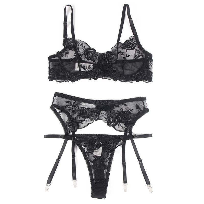 SUBBLIME - SET DE 3 PIEZAS SUJETADOR + TANGA + LIGA ESTAMPADO FLORAL NEGRO S/M