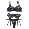 SUBBLIME - SET DE 3 PIEZAS SUJETADOR + TANGA + LIGA ESTAMPADO FLORAL NEGRO S/M